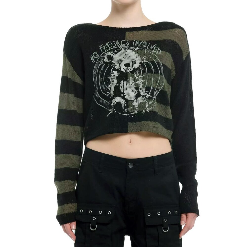 Social Collision Crop Sweater XS Black Stripe Bear Graphic Grunge Goth Emo Punk
